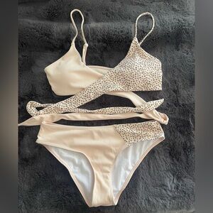 Brand New- Cream and Dotted Print Bikini Set - Wrap Tie; Size L